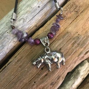 Hippopotamus Pendant & Amethyst Necklace Vintage